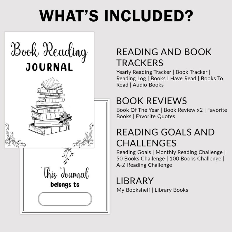 May include: Black and white illustration of a stack of books with a book open on top. Text reads "Book Reading Journal".  The image is a printable journal cover for tracking reading goals, book reviews, and library books.