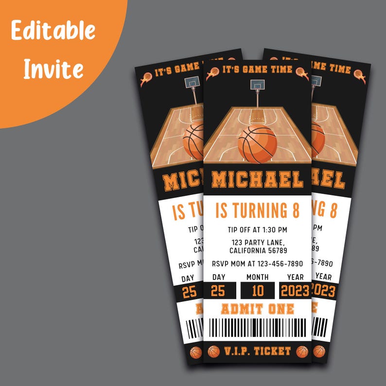 May include: A black and orange basketball ticket invitation for a birthday party. The ticket says "It's Game Time" and "Michael is turning 8". The ticket has a basketball court background with a basketball in the center.