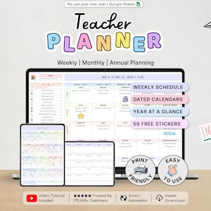 Puede incluir: Un planificador digital para docentes mostrado en una pantalla de portátil y tableta, con diseños de planificación semanal, mensual y anual. La interfaz incluye un horario semanal, calendarios fechados y etiquetas de 50 pegatinas gratis.