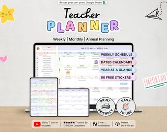 Planificador para profesores Organizador de aula Planificación semanal Calendario mensual para profesores Plantilla de plan de lección para estudiantes Hoja de cálculo Google Sheets