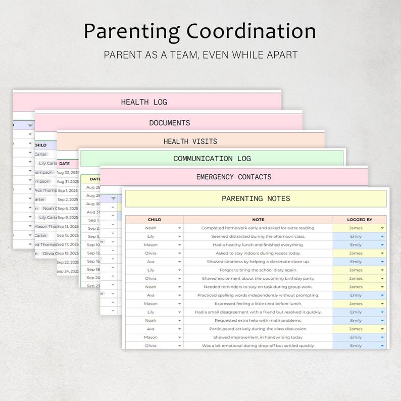 May include: A stack of colorful parenting coordination documents, including health logs, communication logs, and parenting notes. The documents are organized with headings and data fields for tracking information. The text "Parenting Coordination" is at the top.