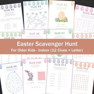Può includere: Una caccia al tesoro di Pasqua stampabile per bambini più grandi con 12 indizi e una lettera. Gli indizi sono presentati su carte colorate con un design a uovo pastello. Ogni indizio presenta un puzzle o un enigma diverso da risolvere.