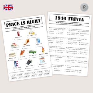 May include: Two printed sheets with text and illustrations. One sheet is titled "PRICE IS RIGHT" and asks to match 1946 prices to items. The other sheet is titled "1946 TRIVIA" with multiple-choice questions about 1946.