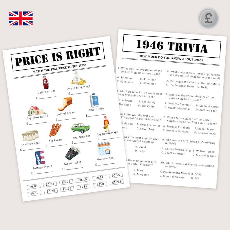 May include: Two printed sheets with text and illustrations. One sheet is titled "PRICE IS RIGHT" and asks to match 1946 prices to items. The other sheet is titled "1946 TRIVIA" with multiple-choice questions about 1946.