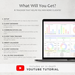 Puede incluir: Una pantalla de port&aacute;til que muestra un panel de control empresarial con gr&aacute;ficos. El texto en la parte superior dice "What Will You Get?" y "A TRACKER THAT HELPS YOU WIN MORE CLIENTS!" Incluye un tutorial de YouTube.