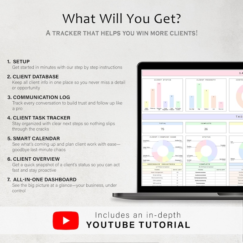 Puede incluir: Una pantalla de port&aacute;til que muestra un panel de control empresarial con gr&aacute;ficos. El texto en la parte superior dice "What Will You Get?" y "A TRACKER THAT HELPS YOU WIN MORE CLIENTS!" Incluye un tutorial de YouTube.