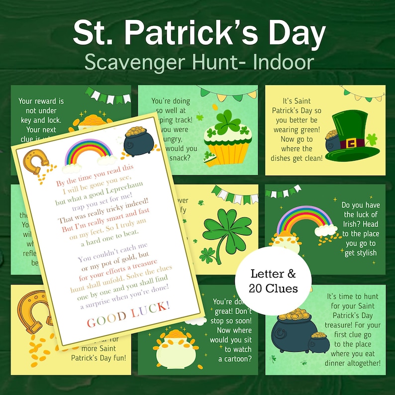 St Patricks Day Treasure Hunt for Older Kids Indoor Leprechaun Scavenger Hunt St Pattys Day Riddle Hunt St Paddy Games Teens Tween PRINTABLE image 1