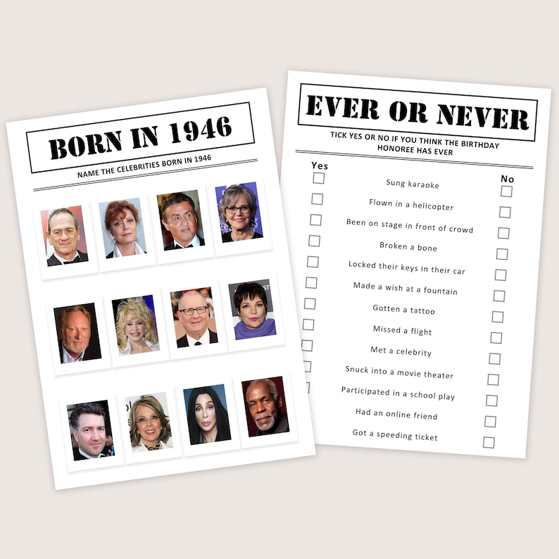 Puede incluir: Dos hojas de juego de papel blanco. Una hoja dice "BORN IN 1946" con fotos de celebridades. La otra hoja dice "EVER OR NEVER" con una lista de preguntas de s&iacute;/no. Las hojas de juego son para una fiesta de cumplea&ntilde;os.