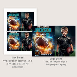 Peut inclure: Invitation d'anniversaire sur le th&egrave;me du football avec une photo d'un gar&ccedil;on en uniforme de football. L'invitation est bleue, noire et orange avec des flammes et un ballon de football. Le texte indique "C'est l'heure du match ! Jackson a 10 ans".