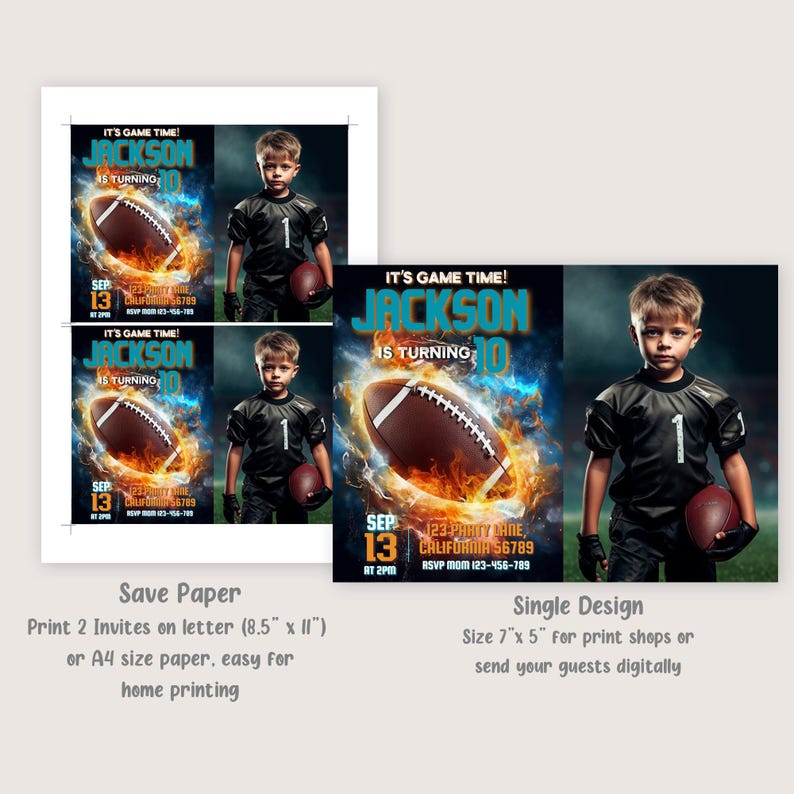 Peut inclure: Invitation d'anniversaire sur le th&egrave;me du football avec une photo d'un gar&ccedil;on en uniforme de football. L'invitation est bleue, noire et orange avec des flammes et un ballon de football. Le texte indique "C'est l'heure du match ! Jackson a 10 ans".