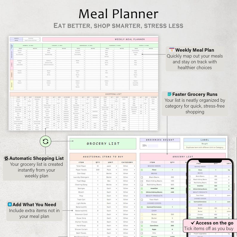 May include: A meal planner with the text "Meal Planner" and "Eat Better, Shop Smarter, Stress Less." The planner includes a weekly meal plan, shopping list, and grocery list. A smartphone displays a grocery list with check boxes.