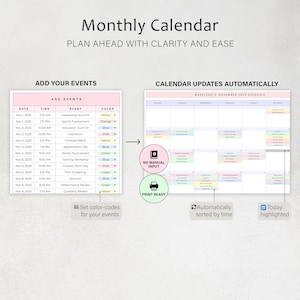 May include: A digital monthly calendar with the title "Monthly Calendar" and the tagline "Plan Ahead With Clarity and Ease." The calendar includes sections for adding events, with color-coded options, and automatically updates the calendar schedule. The calendar is print-ready.