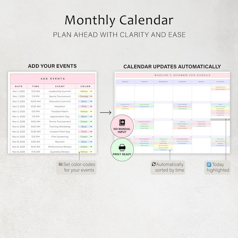 May include: A digital monthly calendar with the title "Monthly Calendar" and the tagline "Plan Ahead With Clarity and Ease." The calendar includes sections for adding events, with color-coded options, and automatically updates the calendar schedule. The calendar is print-ready.