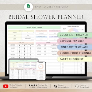 May include: A digital bridal shower planner displayed on a laptop, tablet, and smartphone. The planner includes sections for guest lists, expenses, itineraries, and party checklists. The text "Easy to Use" and "Instant Download" are visible.