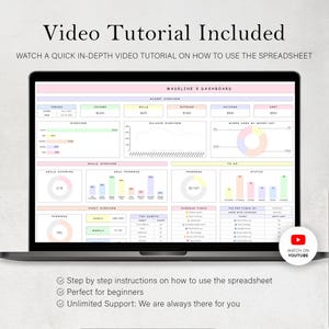 May include: A laptop displaying a spreadsheet titled "Madeline's Dashboard" with charts and data. The screen shows the text "Video Tutorial Included" and "Watch on YouTube". The spreadsheet includes sections for income, expenses, and goals.