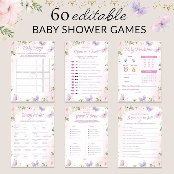 Butterfly Baby Shower Games Bundle Purple Butterfly Couples Shower Party Baby Girl Baby Prediction Activity Trivia Diaper Raffle EDITABLE
