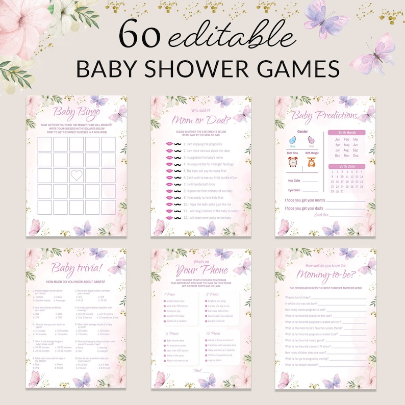 Puede incluir: Un conjunto de juegos de baby shower imprimibles con un tema de mariposas rosas y moradas. Los juegos incluyen "Baby Bingo", "&iquest;Mam&aacute; o Pap&aacute;?", "Predicciones de beb&eacute;", "Trivia de beb&eacute;", "&iquest;Qu&eacute; hay en tu tel&eacute;fono?" y "&iquest;Qu&eacute; tan bien conoces a la futura mam&aacute;?"