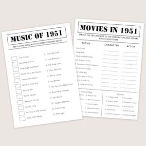 Puede incluir: Dos hojas de papel blanco con texto negro. Una hoja dice "MUSIC OF 1951" y enumera canciones y artistas. La otra hoja dice "MOVIES IN 1951" y enumera pel&iacute;culas, personajes y actores. Ambas hojas est&aacute;n dise&ntilde;adas para emparejar.