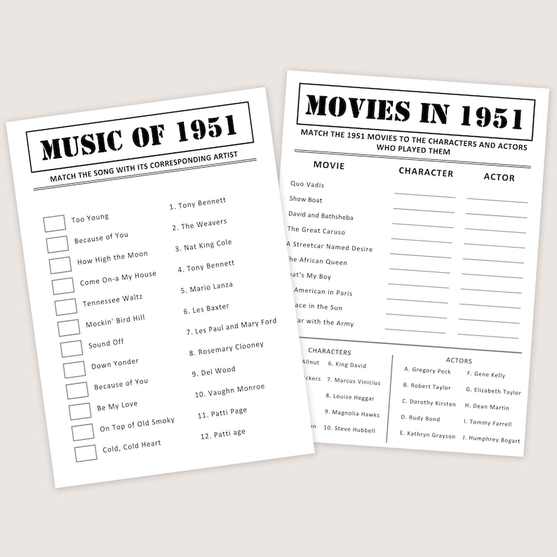 Puede incluir: Dos hojas de papel blanco con texto negro. Una hoja dice "MUSIC OF 1951" y enumera canciones y artistas. La otra hoja dice "MOVIES IN 1951" y enumera pel&iacute;culas, personajes y actores. Ambas hojas est&aacute;n dise&ntilde;adas para emparejar.