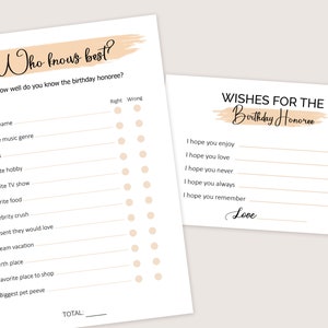May include: A printable game for a birthday party, titled "Who Knows Best?" with a list of questions about the birthday honoree. The game includes a section for guests to write down their wishes for the birthday honoree.