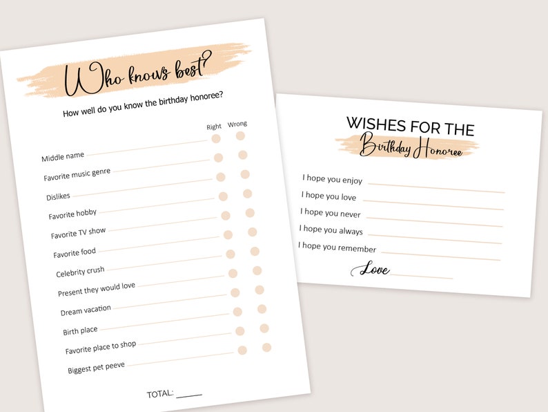 May include: A printable game for a birthday party, titled "Who Knows Best?" with a list of questions about the birthday honoree. The game includes a section for guests to write down their wishes for the birthday honoree.