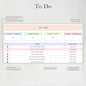 K&ouml;nnte beinhalten: Eine druckbare To-Do-Liste f&uuml;r Weihnachten mit einem rosa, gr&uuml;nen und gelben Farbschema. Die Liste enth&auml;lt Aufgaben wie den Kauf von Weihnachtslichtern, das Aufstellen von Weihnachtsdekorationen im Freien und das Versenden von Weihnachtskarten. Die Liste enth&auml;lt auch einen Bereich f&uuml;r erledigte Aufgaben, verbleibende Aufgaben und &uuml;berf&auml;llige Aufgaben.
