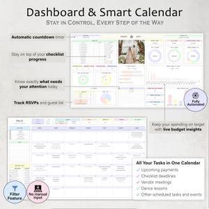 May include: A digital dashboard and smart calendar with the text "Dashboard & Smart Calendar". Features include an automatic countdown timer, checklist progress tracking, and RSVP tracking. The calendar also includes live budget insights.