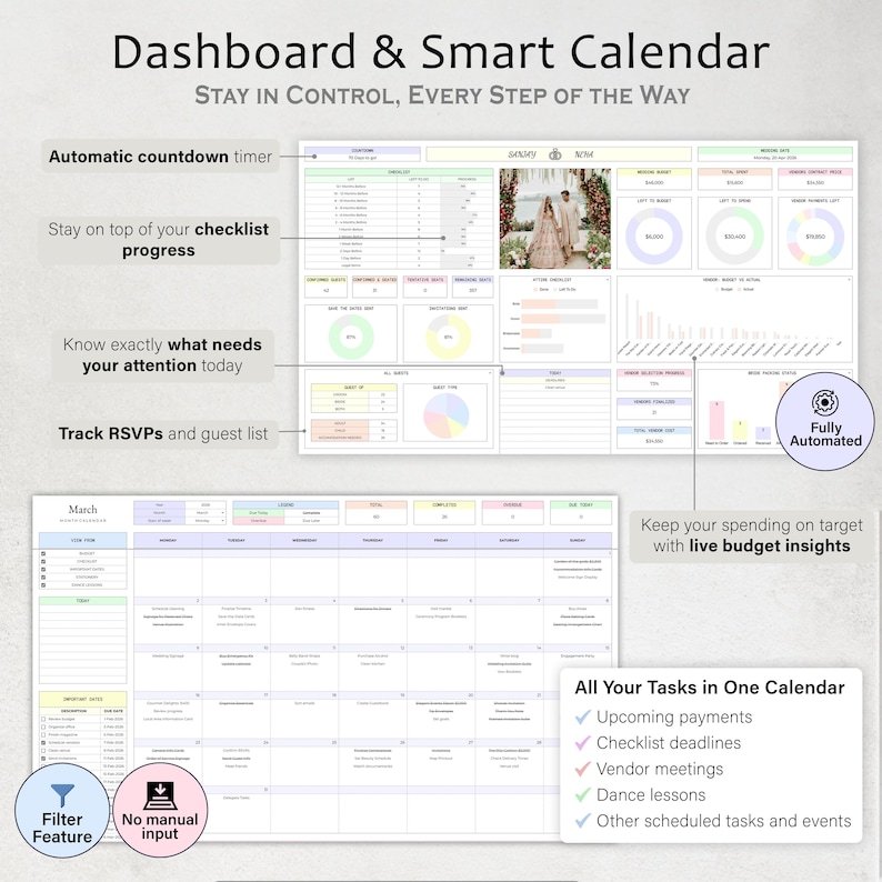 May include: A digital dashboard and smart calendar with the text "Dashboard & Smart Calendar". Features include an automatic countdown timer, checklist progress tracking, and RSVP tracking. The calendar also includes live budget insights.