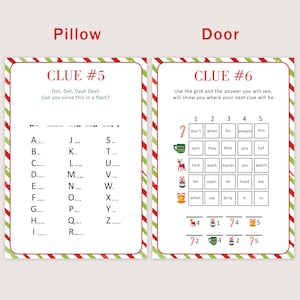 May include: A printable Christmas scavenger hunt game with two clues. The first clue is titled "Pillow" and the second clue is titled "Door". The first clue is a word puzzle and the second clue is a grid with images and words.