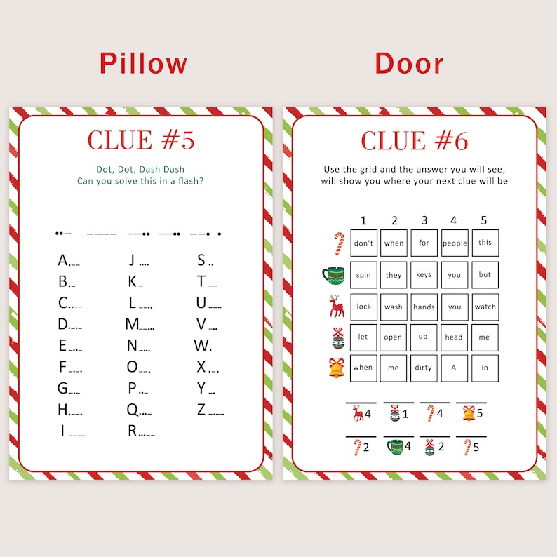 May include: A printable Christmas scavenger hunt game with two clues. The first clue is titled "Pillow" and the second clue is titled "Door". The first clue is a word puzzle and the second clue is a grid with images and words.