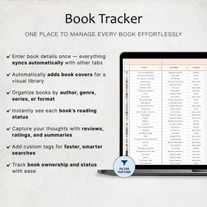 May include: A laptop screen displaying a digital book tracker with a list of books, authors, and genres. The screen shows the title "Book Tracker" and bullet points describing features like automatic syncing, book cover display, and organization by author and genre.