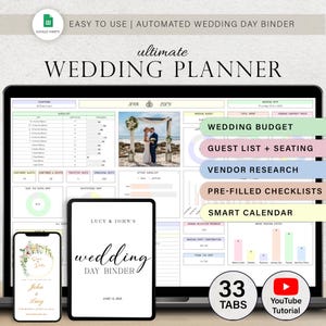 May include: A digital wedding planner displayed on a laptop, tablet, and phone. The planner includes sections for budget, guest lists, and checklists. The text on the screen reads "ultimate WEDDING PLANNER" and "wedding DAY BINDER".