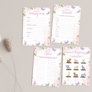 Puede incluir: Cuatro tarjetas de juego de baby shower imprimibles con un dise&ntilde;o floral rosa y morado y mariposas. Los juegos incluyen consejos para la futura mam&aacute;, un juego de palabras para beb&eacute;s, un juego de objetos para beb&eacute;s y un juego de embarazo animal.