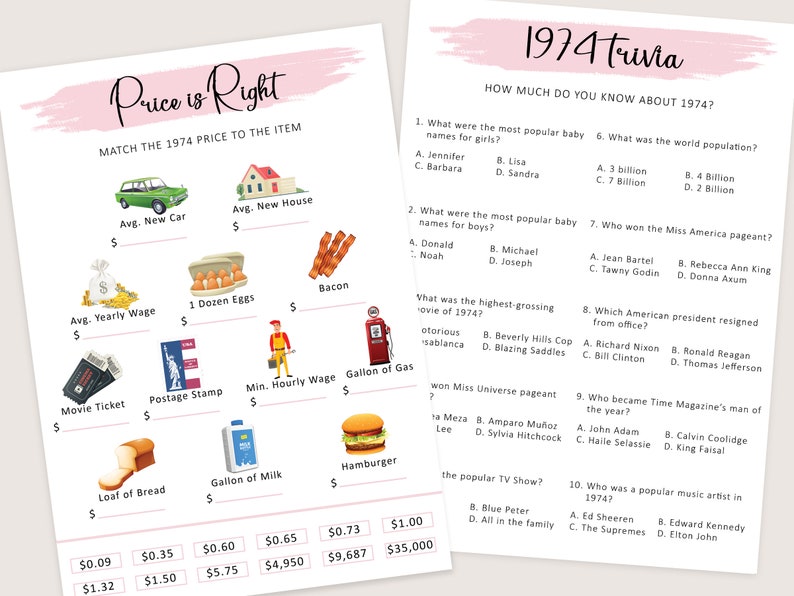 50th Birthday Games for Women 50th Birthday Party Games for Her Born in 1974 Game 1974 Trivia Quiz Activity Bundle Instant Digital PRINTABLE image 4