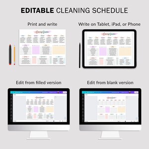 May include: A digital image showing four different ways to use a printable cleaning schedule. The schedule is divided into daily, weekly, monthly, and quarterly tasks. The image shows the schedule printed, on a tablet, and on a computer screen, both filled in and blank.