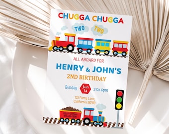 Train Twin Birthday Invitation Train Invitation Chugga Chugga Two Two Party Boys 2nd Birthday Choo Choo Im Two Siblings Instant EDITABLE T04