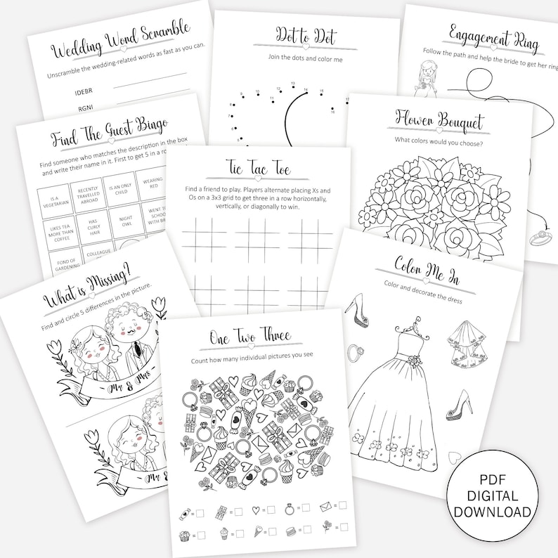 May include: A set of printable wedding-themed activity sheets for guests. The sheets include games like word scramble, find the guest bingo, tic-tac-toe, dot-to-dot, one-two-three, what's missing, engagement ring, flower bouquet, and color me in.
