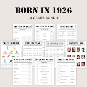 以下が含まれることがあります： 1926年をテーマにした10種類の印刷可能なゲームのバンドル。クイズ、ビンゴ、その他の楽しいアクティビティが含まれています。ゲームは白い紙に黒い文字で表示され、誕生日のお祝いやテーマのあるパーティーに最適です。