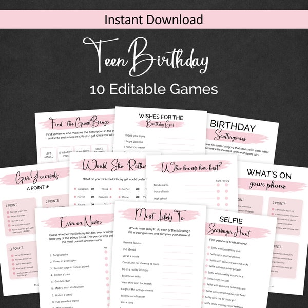 Teen Birthday Games Girl Birthday Party Games for Her Sweet 16 Birthday Party Activities Teenager Pre-Teen Decor Decorations Pink EDITABLE