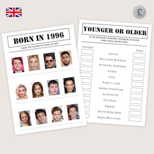 May include: Two white paper game sheets. One reads "BORN IN 1996" with celebrity photos. The other asks "YOUNGER OR OLDER" than inventions like iPhone and iPod. The British flag is in the top left corner.