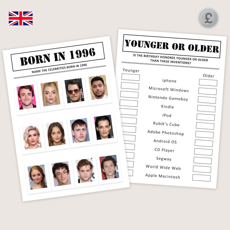 May include: Two white paper game sheets. One reads "BORN IN 1996" with celebrity photos. The other asks "YOUNGER OR OLDER" than inventions like iPhone and iPod. The British flag is in the top left corner.