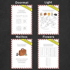 May include: Four sheets of paper with a red and white striped border, each labeled with a crime scene number. The sheets contain puzzles, mazes, and codes. One sheet has the word "Doormat" at the top.