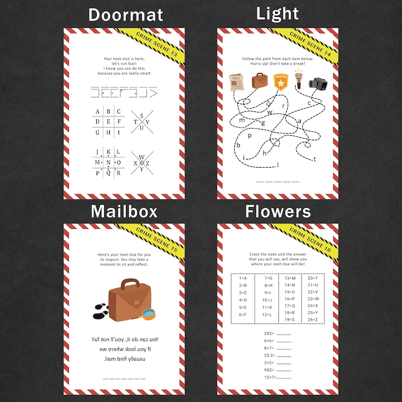 May include: Four sheets of paper with a red and white striped border, each labeled with a crime scene number. The sheets contain puzzles, mazes, and codes. One sheet has the word "Doormat" at the top.