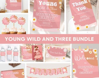 Junge Wilde und Drei Geburtstagseinladung Bundle Retro 3. Geburtstag Dekorationen Groovy Party Hippie Dekor Gänseblümchen Thema Zeichen Kit EDITABLE R02