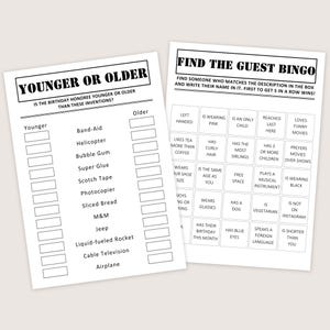 May include: Two white sheets of paper with black text. One sheet is titled "YOUNGER OR OLDER" and lists inventions. The other is titled "FIND THE GUEST BINGO" with descriptive phrases for a party game.