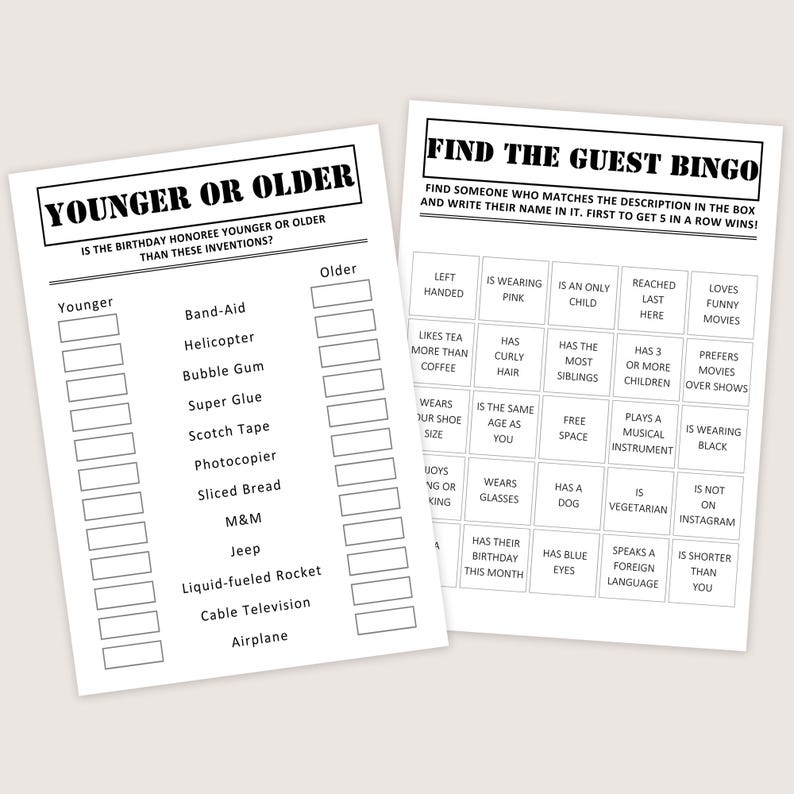 May include: Two white sheets of paper with black text. One sheet is titled "YOUNGER OR OLDER" and lists inventions. The other is titled "FIND THE GUEST BINGO" with descriptive phrases for a party game.