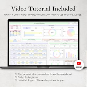 May include: A laptop displaying a spreadsheet with a co-parenting dashboard. The screen shows a calendar, expense tracking, and task management sections. Text at the top reads "Video Tutorial Included." A YouTube icon is visible, indicating a video tutorial.