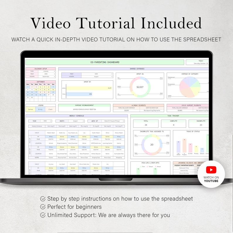 May include: A laptop displaying a spreadsheet with a co-parenting dashboard. The screen shows a calendar, expense tracking, and task management sections. Text at the top reads "Video Tutorial Included." A YouTube icon is visible, indicating a video tutorial.