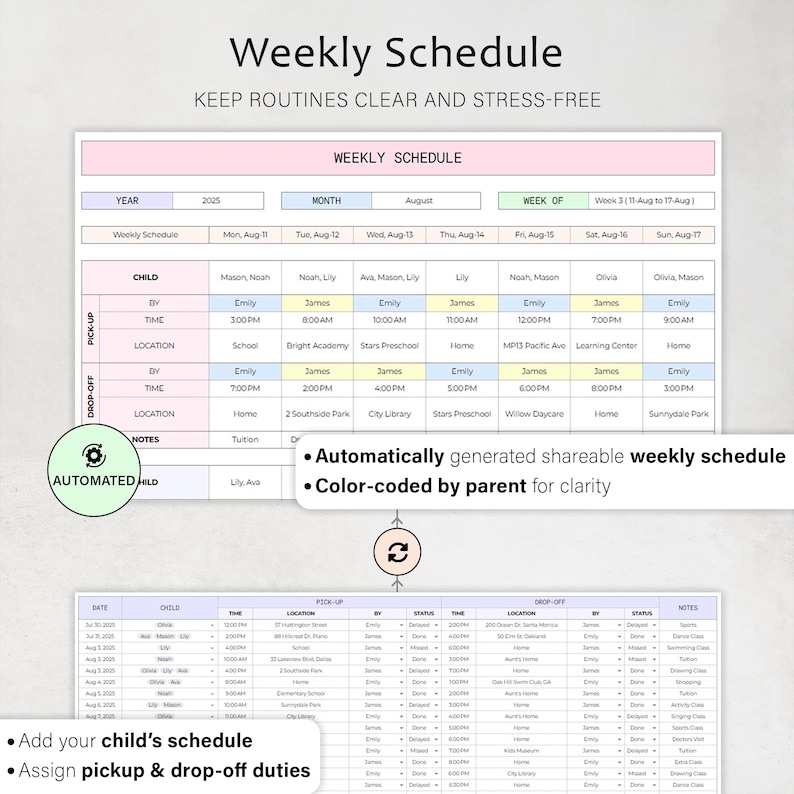 May include: A digital weekly schedule template with a pink and blue color scheme. The schedule includes sections for child, time, location, and notes. Text on the image includes "Weekly Schedule" and "Keep Routines Clear and Stress-Free."