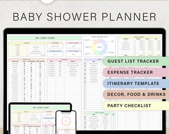 Modello di foglio di calcolo per la pianificazione del baby shower Fogli Google Organizzatore digitale per feste di baby shower Lista di controllo Monitoraggio del budget Lista degli invitati Decorazioni Cibo